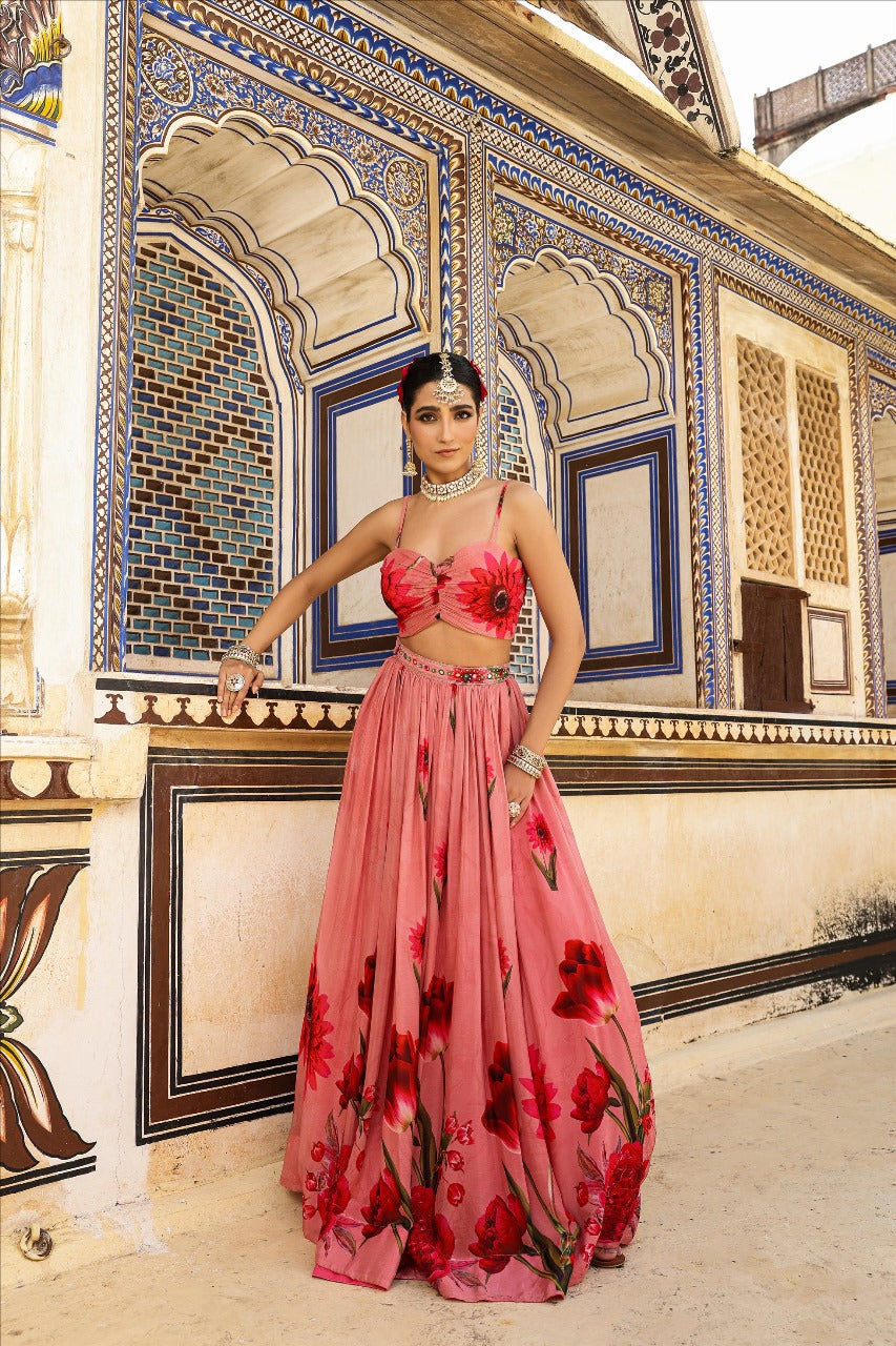 3-pcs lehenga with cape bustier