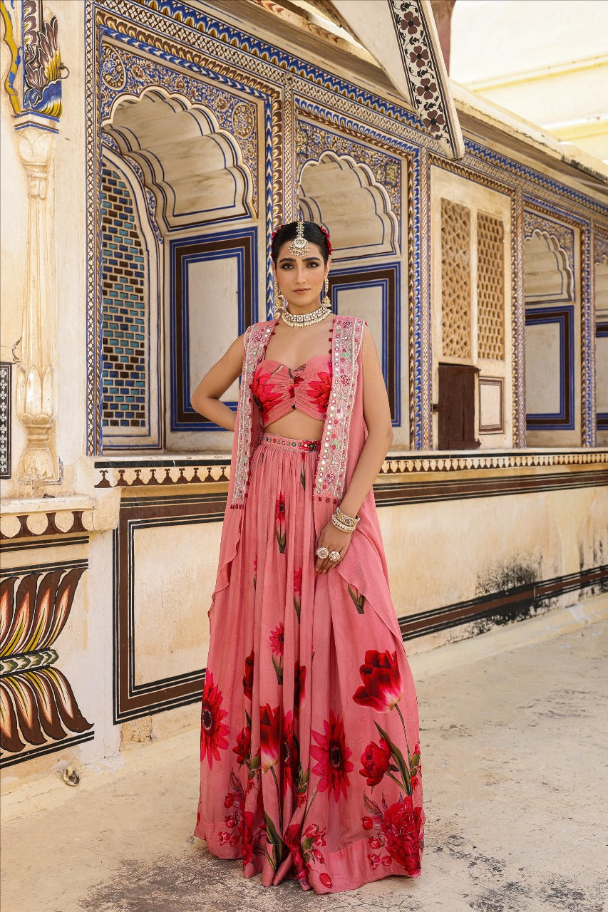 3-pcs lehenga with cape bustier