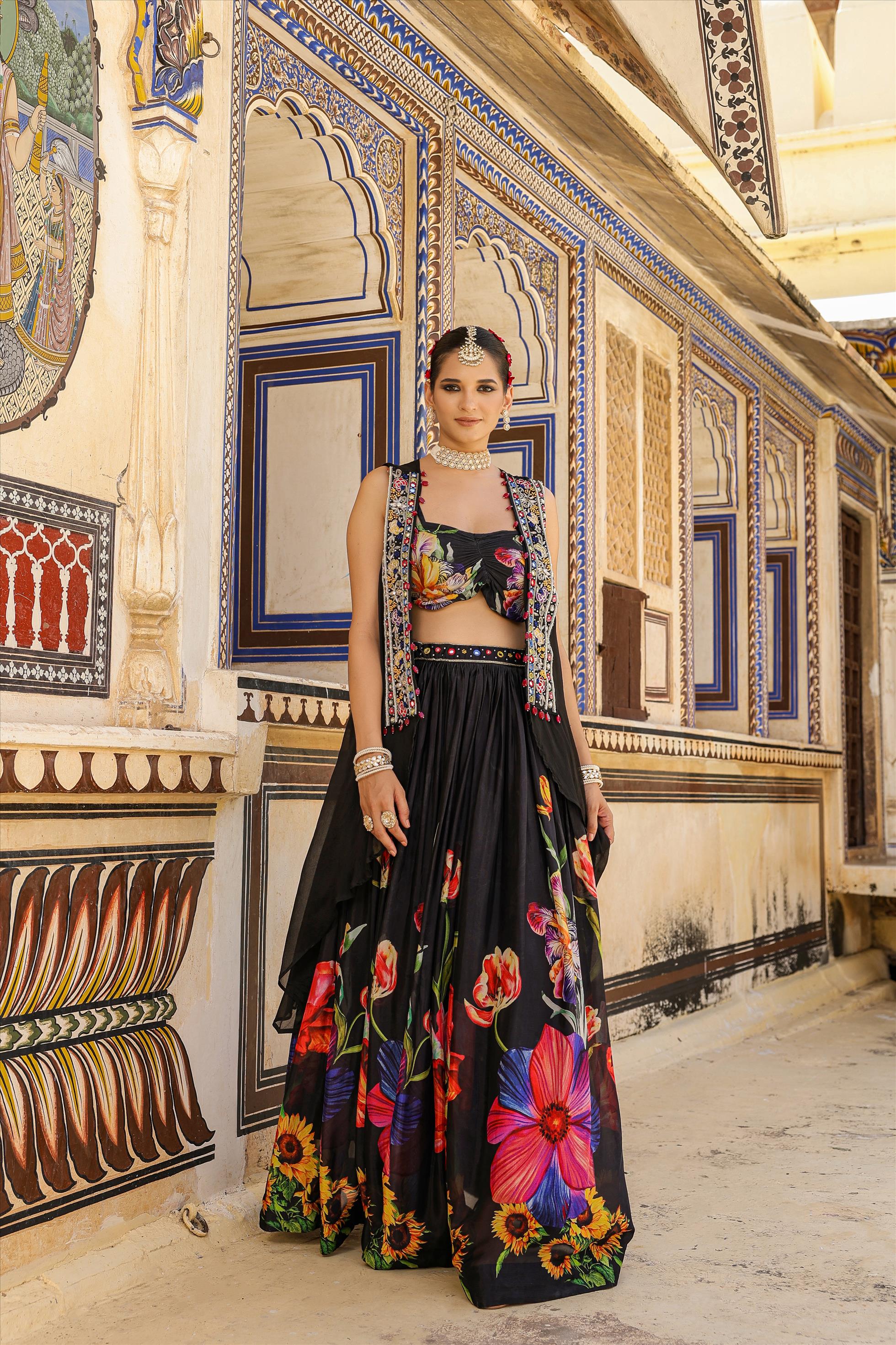 3-pcs lehenga with cape bustier