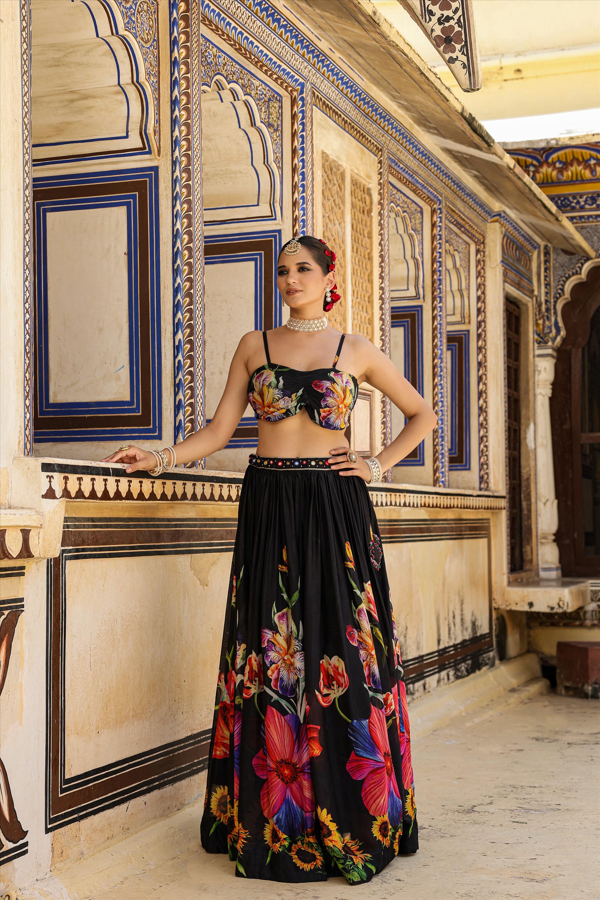 3-pcs lehenga with cape bustier