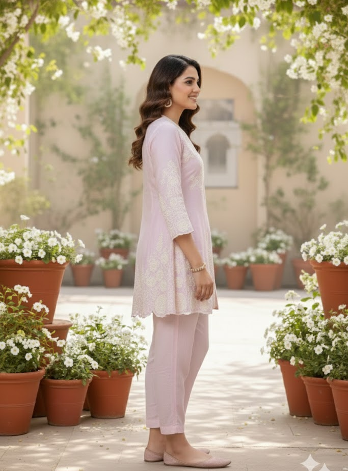 Pink lace work kurta set