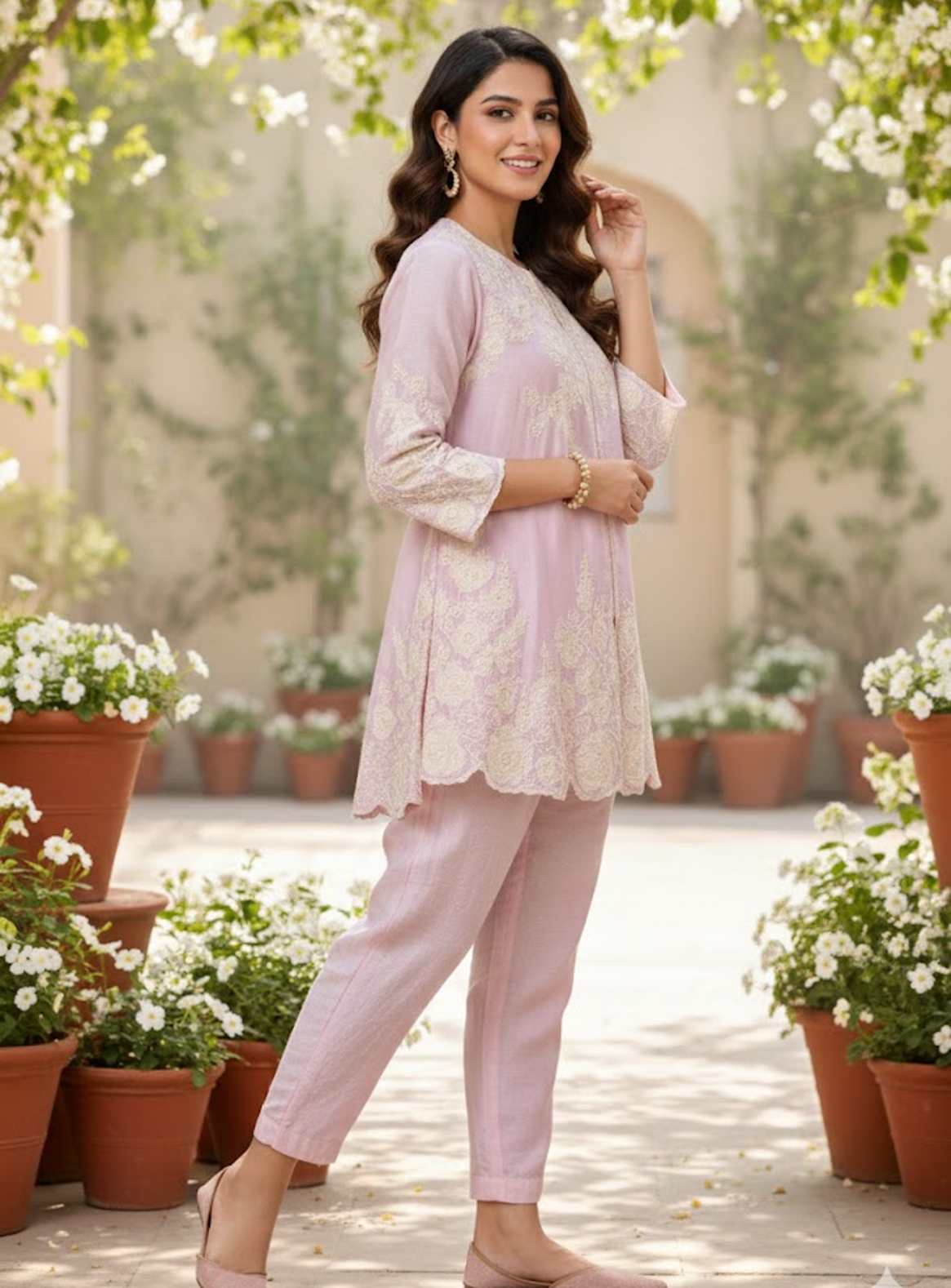 Pink lace work kurta set