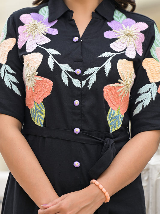 Floral Embroidered Button-Down Dress Black & Blush Pink