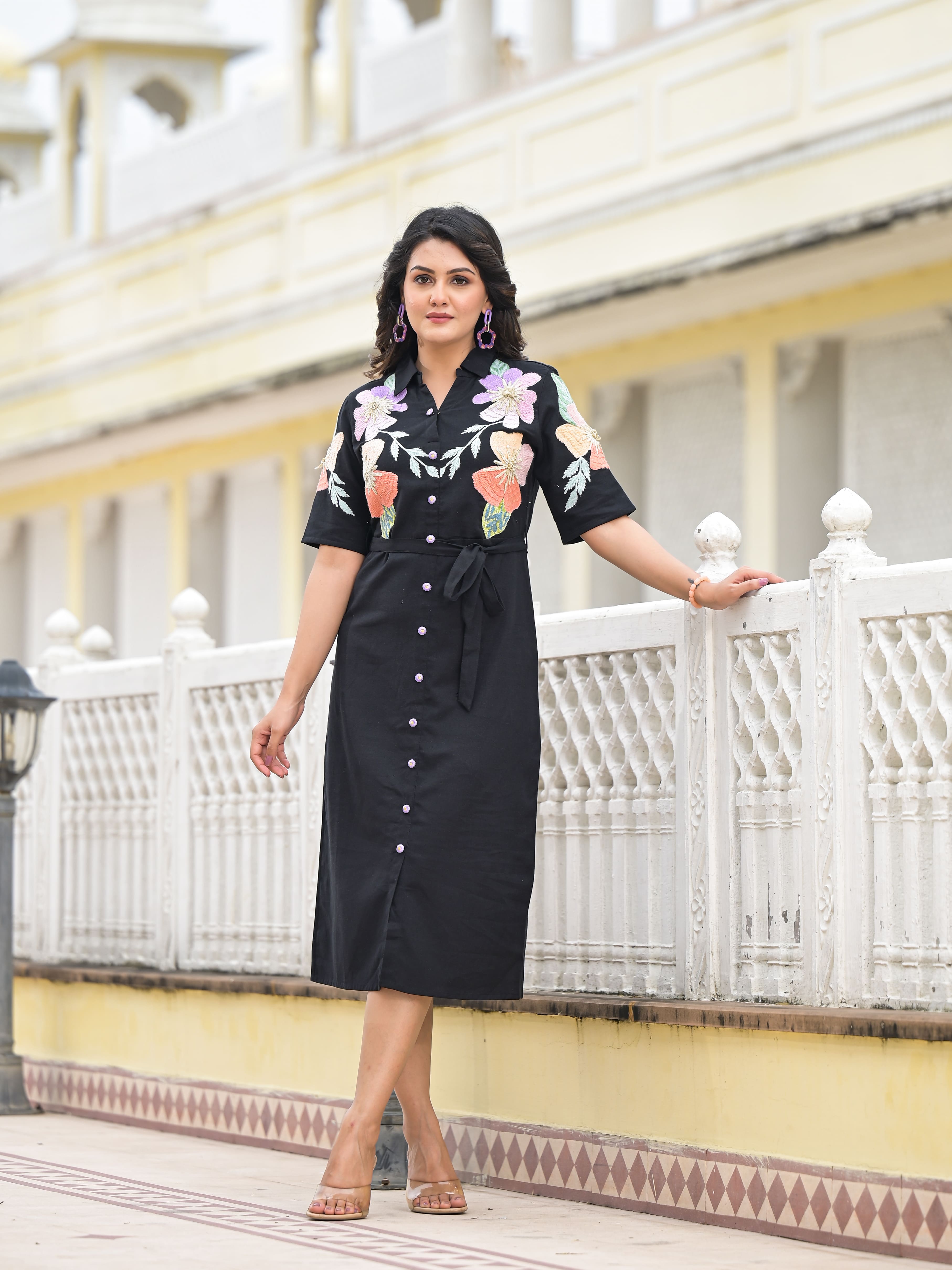 Floral Embroidered Button-Down Dress Black & Blush Pink