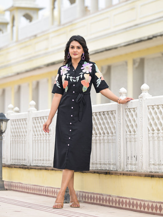 Floral Embroidered Button-Down Dress Black & Blush Pink