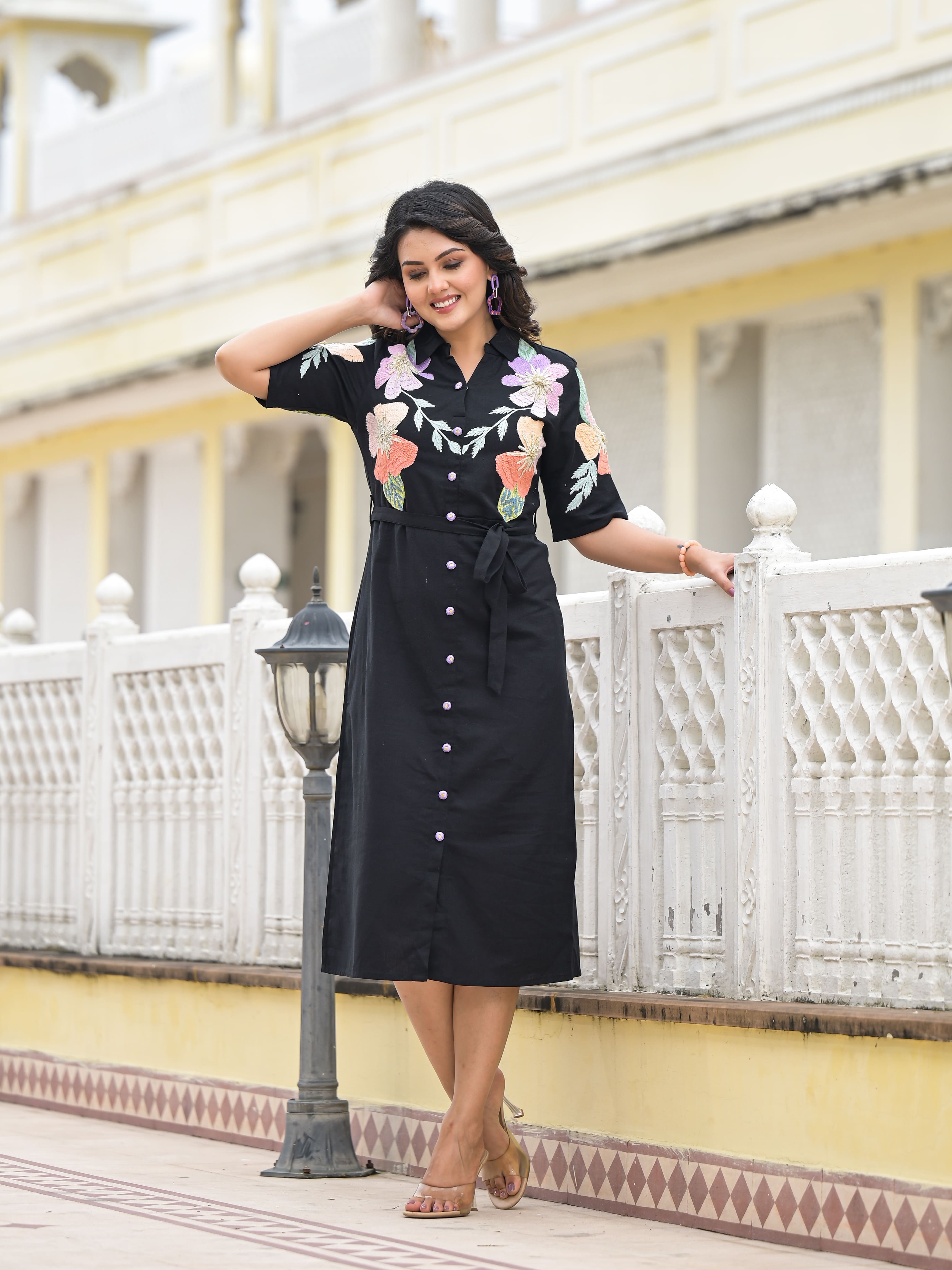 Floral Embroidered Button-Down Dress Black & Blush Pink