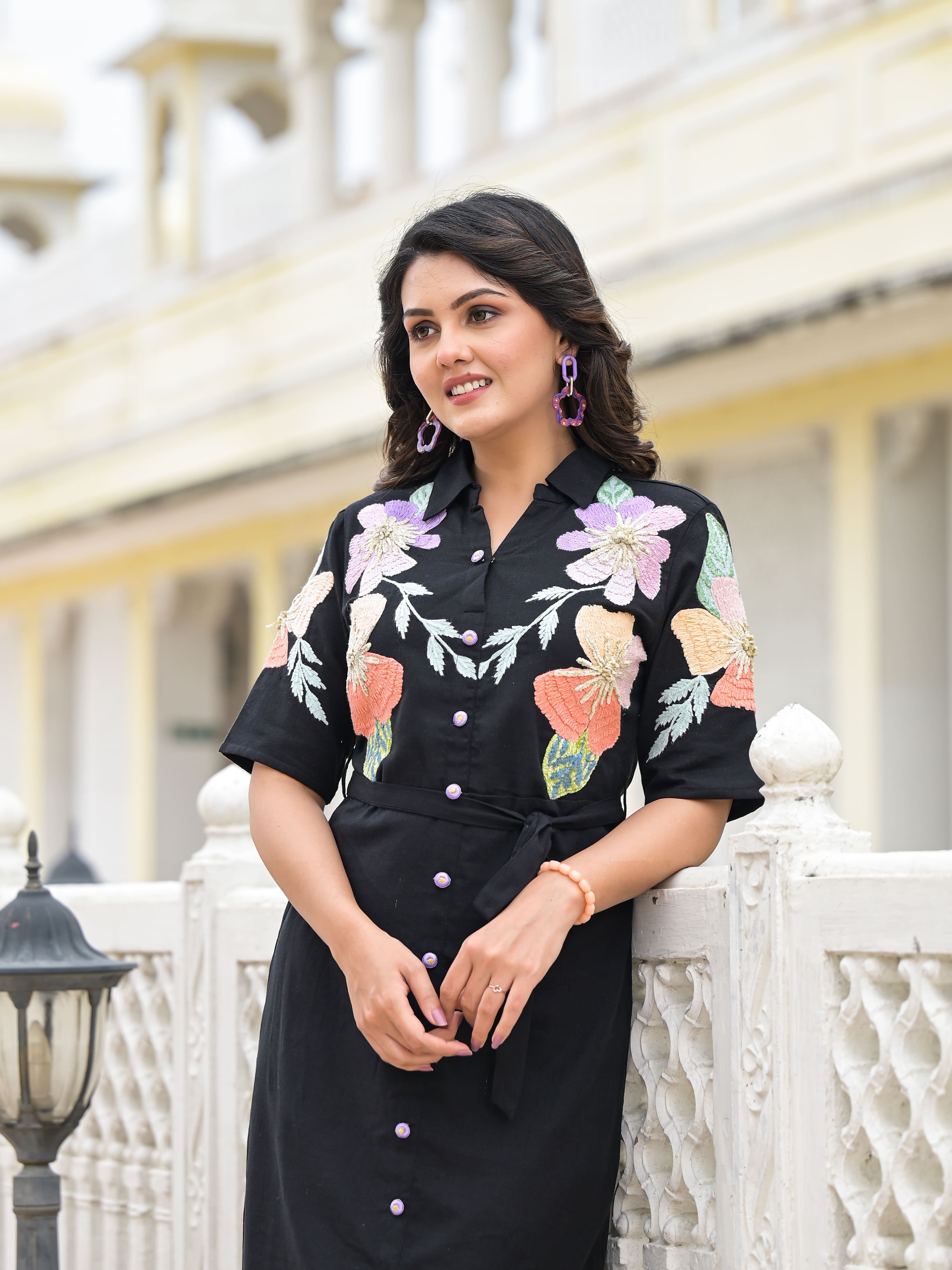 Floral Embroidered Button-Down Dress Black & Blush Pink