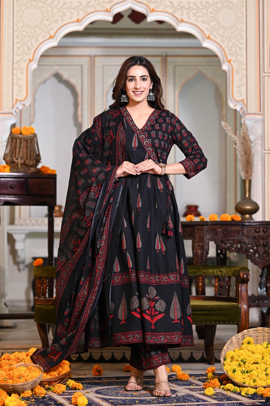 Black and red anarkali suit set