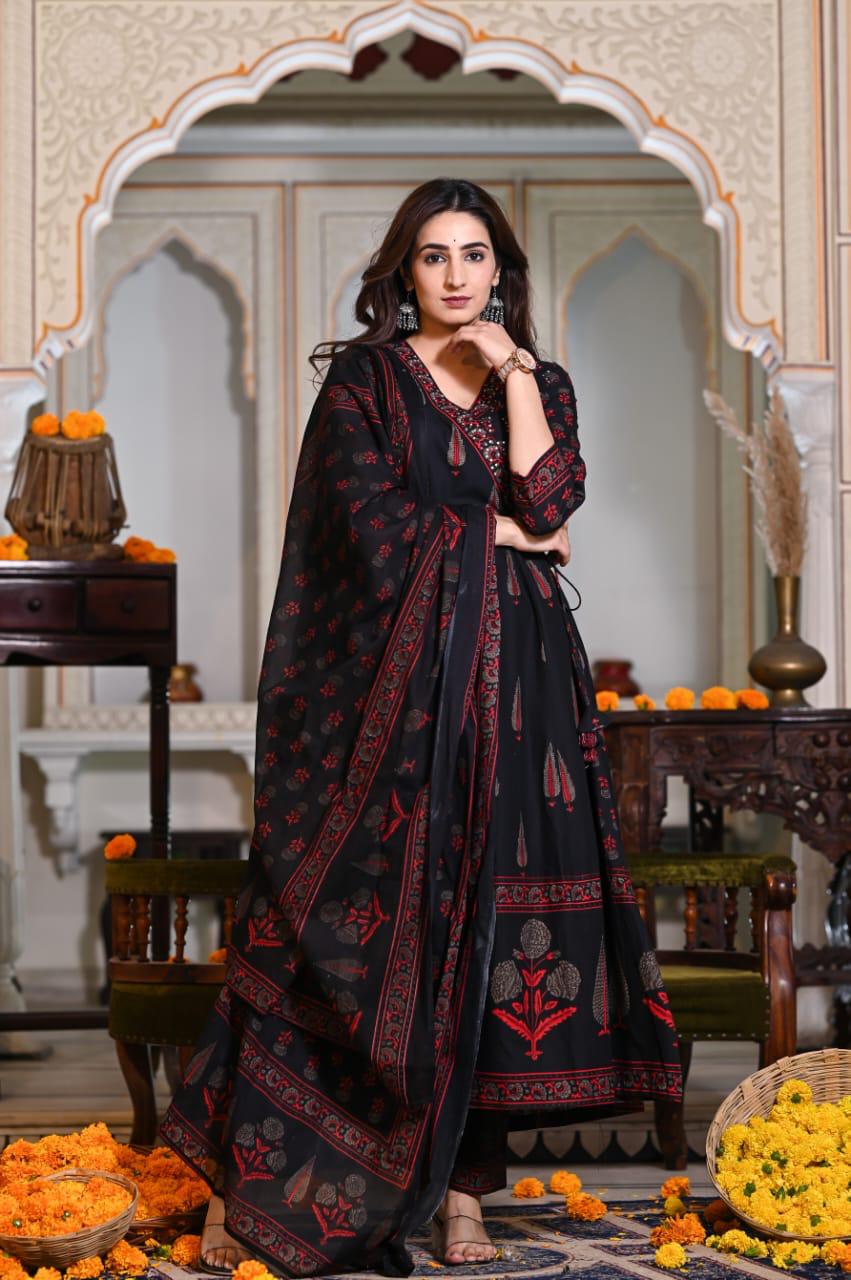 Black and red anarkali suit set