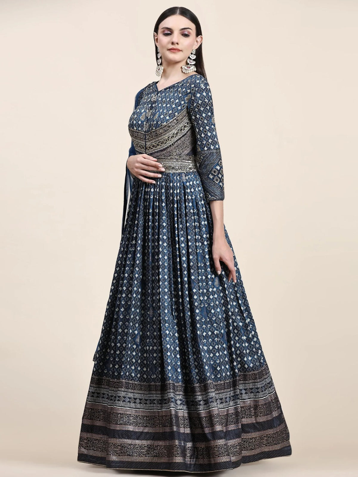 Blue embriodered long heavy gown