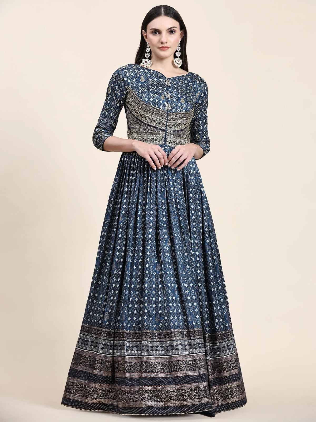 Blue embriodered long heavy gown