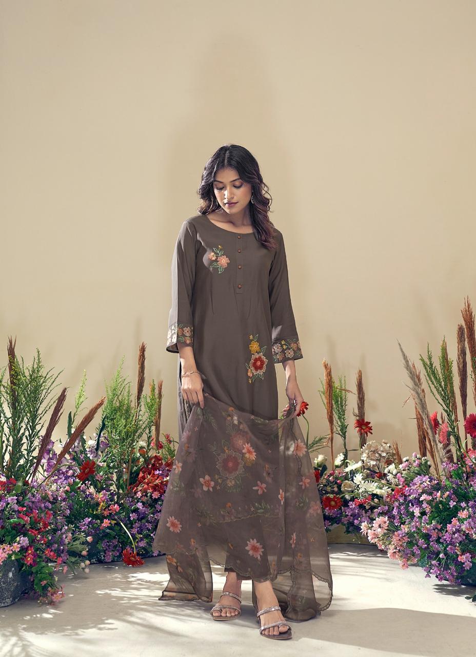 Brown flower Patchwork kurta set