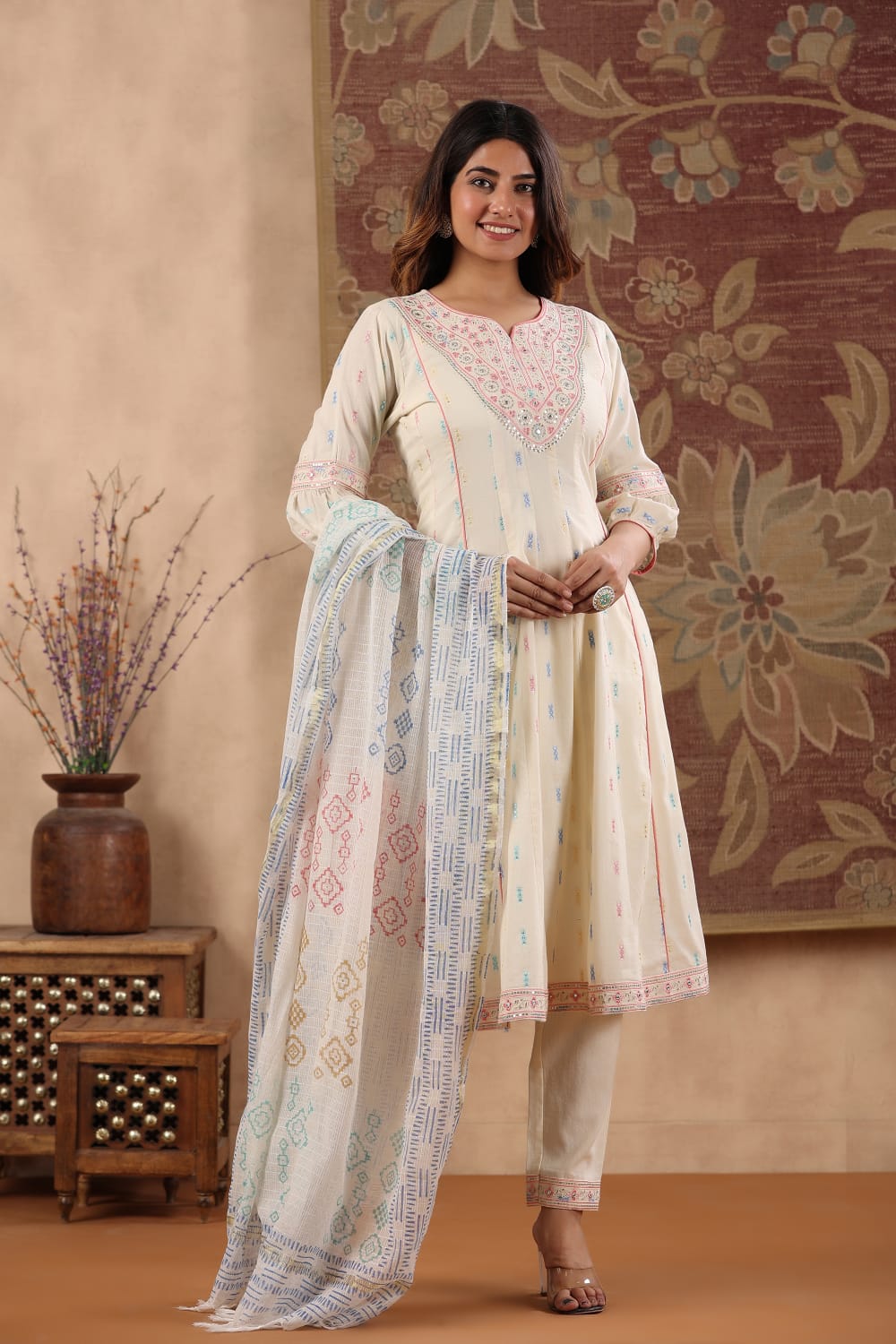 Cream and pink anarkali suit set