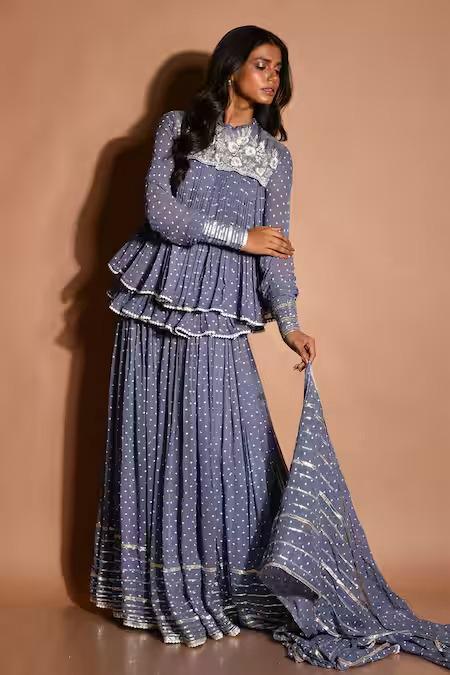 Grey Georgette Printed Geometric Round Kurta Sharara Set