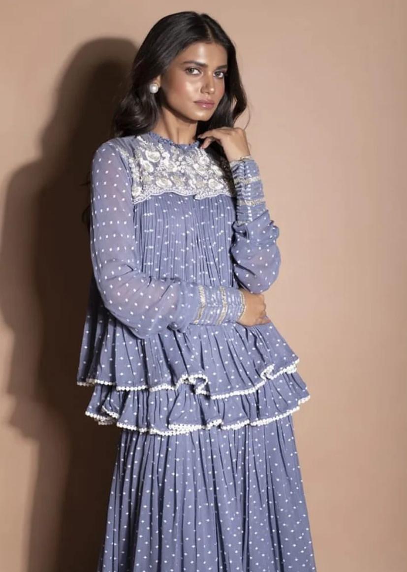 Grey Georgette Printed Geometric Round Kurta Sharara Set