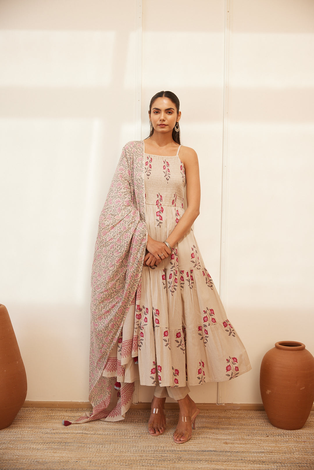 Floral Smocked Maxi Dress Set  Beige, Green & Pink