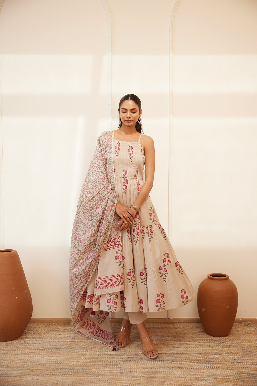 Floral Smocked Maxi Dress Set  Beige, Green & Pink