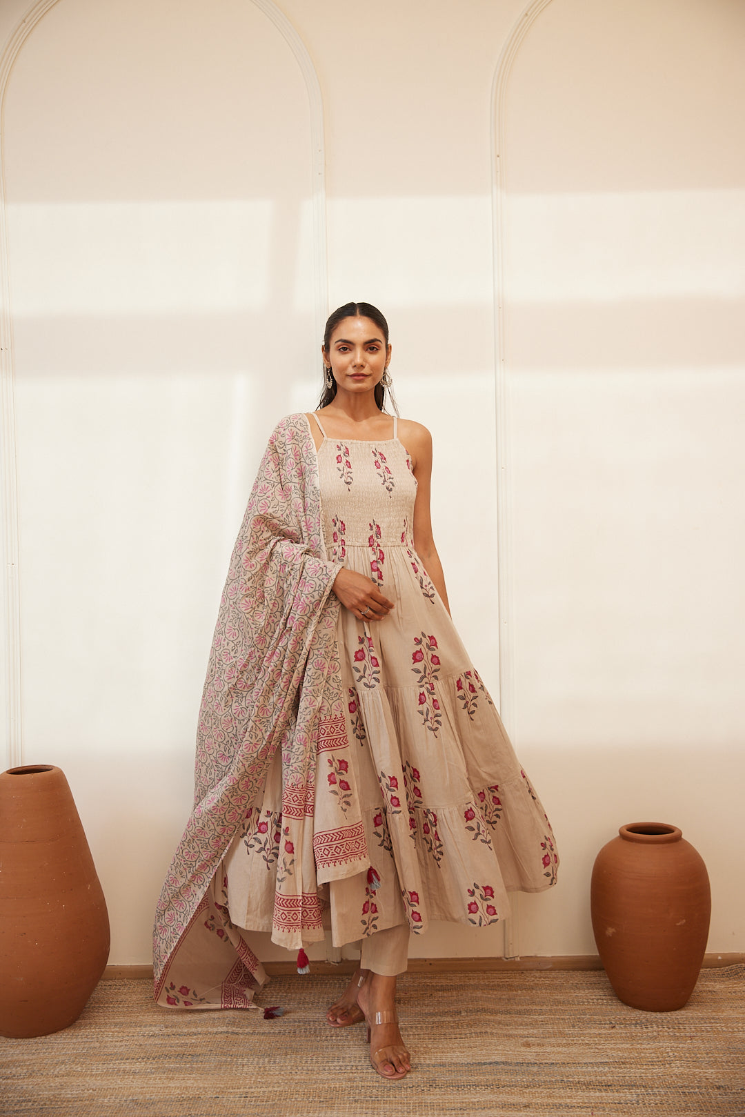 Floral Smocked Maxi Dress Set  Beige, Green & Pink