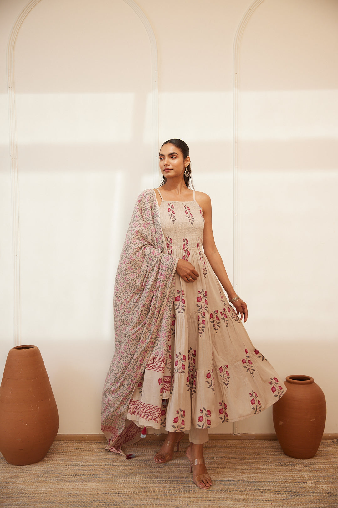 Floral Smocked Maxi Dress Set  Beige, Green & Pink
