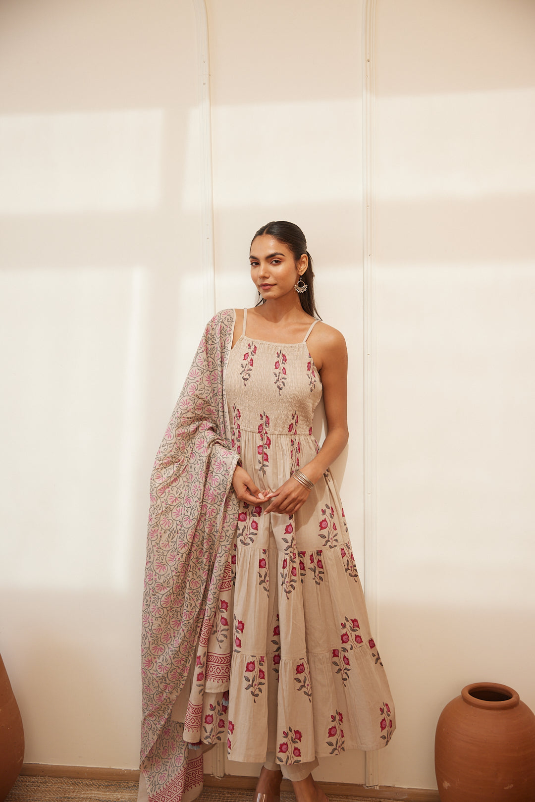 Floral Smocked Maxi Dress Set  Beige, Green & Pink