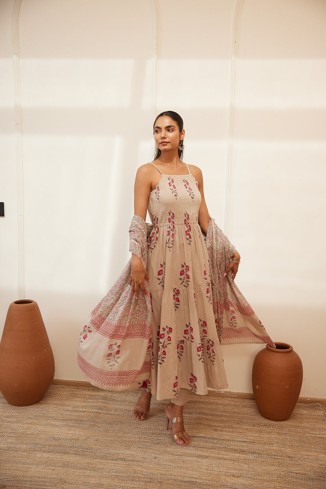 Floral Smocked Maxi Dress Set  Beige, Green & Pink