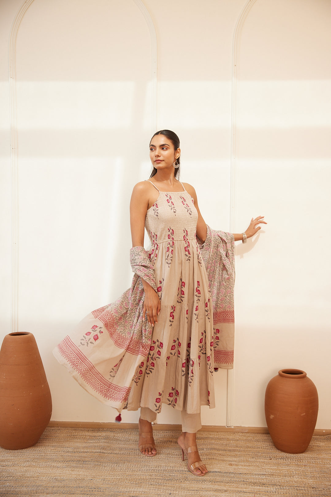 Floral Smocked Maxi Dress Set  Beige, Green & Pink