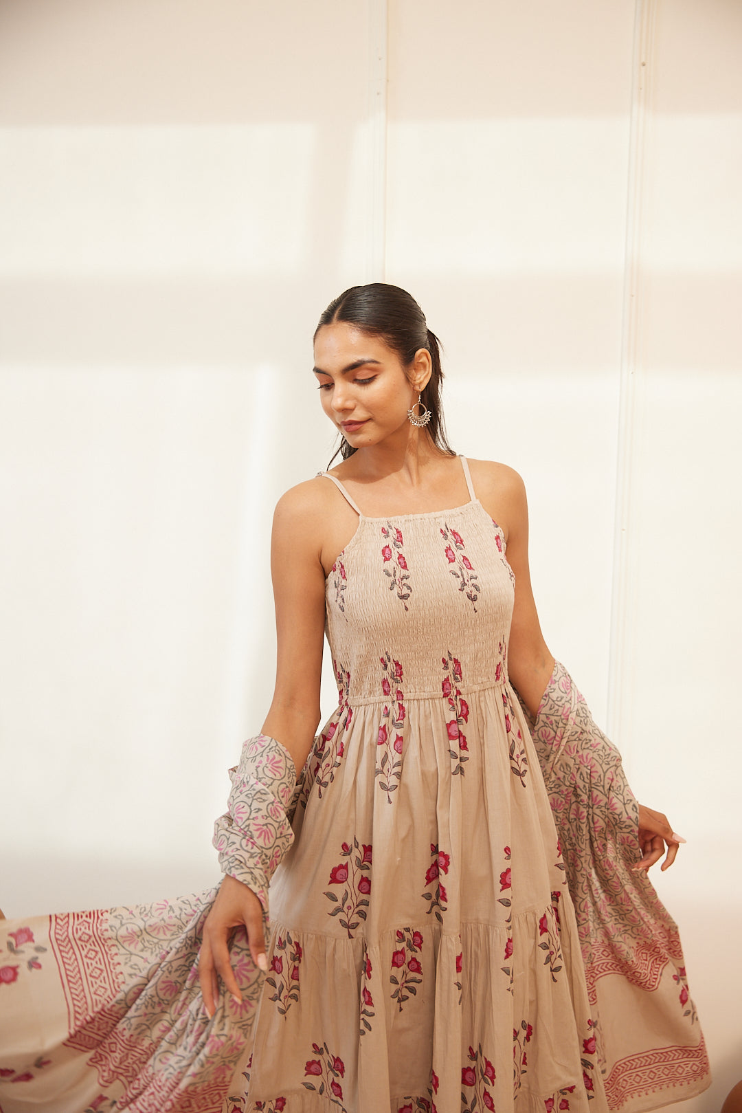 Floral Smocked Maxi Dress Set  Beige, Green & Pink
