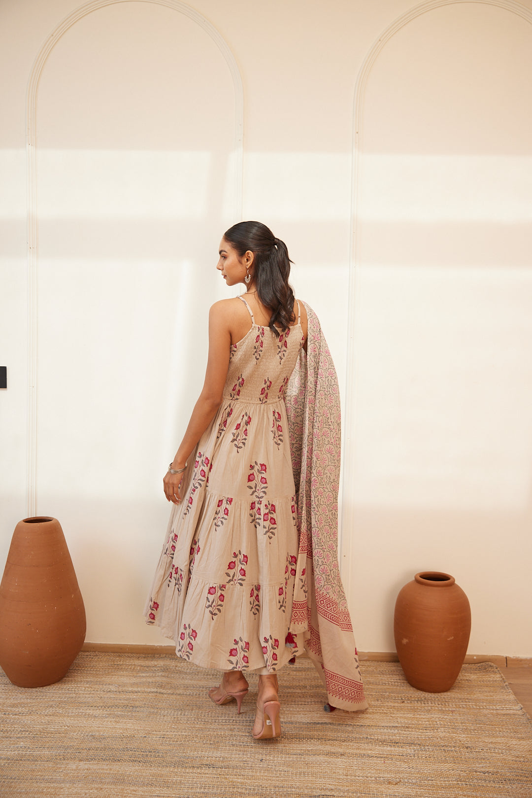 Floral Smocked Maxi Dress Set  Beige, Green & Pink