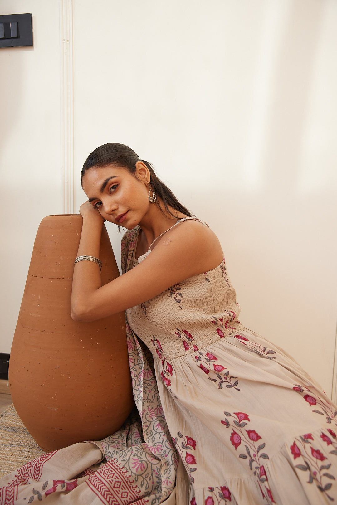 Floral Smocked Maxi Dress Set  Beige, Green & Pink