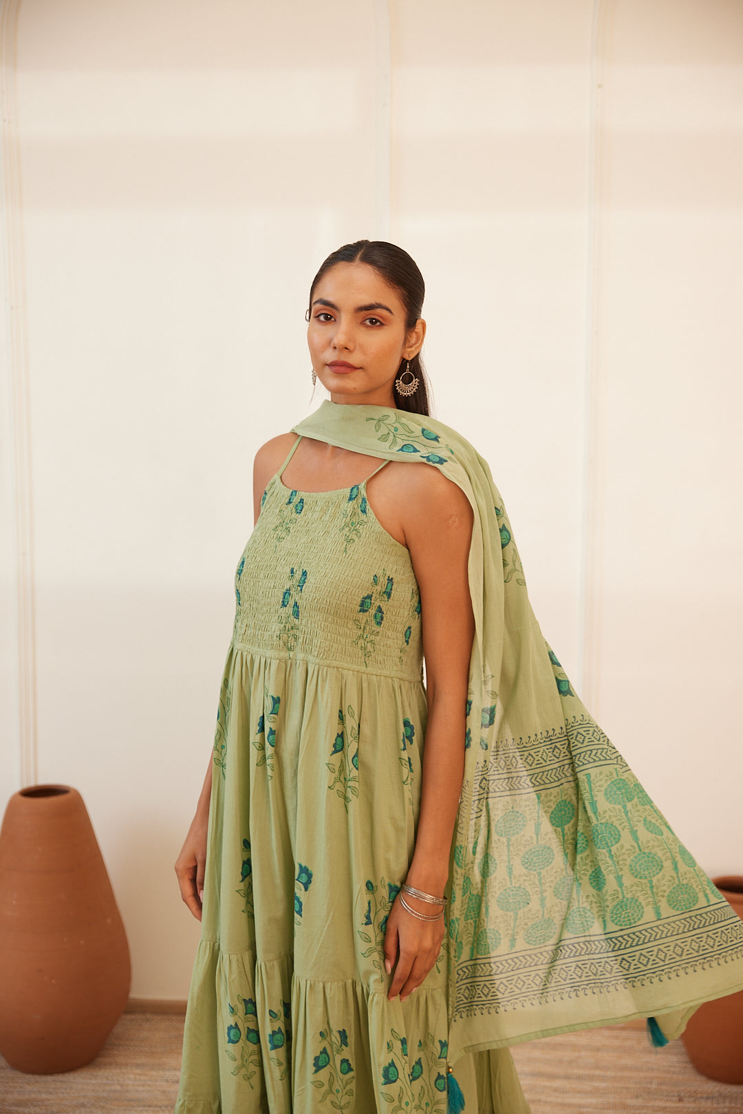 Floral Smocked Maxi Dress Set  Beige, Green & Pink