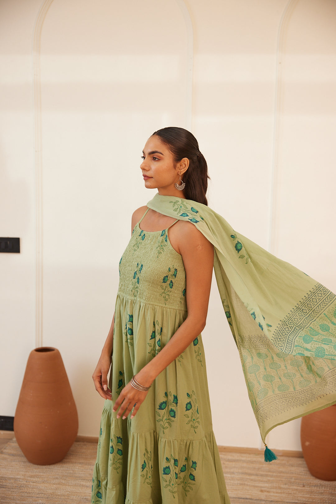 Floral Smocked Maxi Dress Set  Beige, Green & Pink