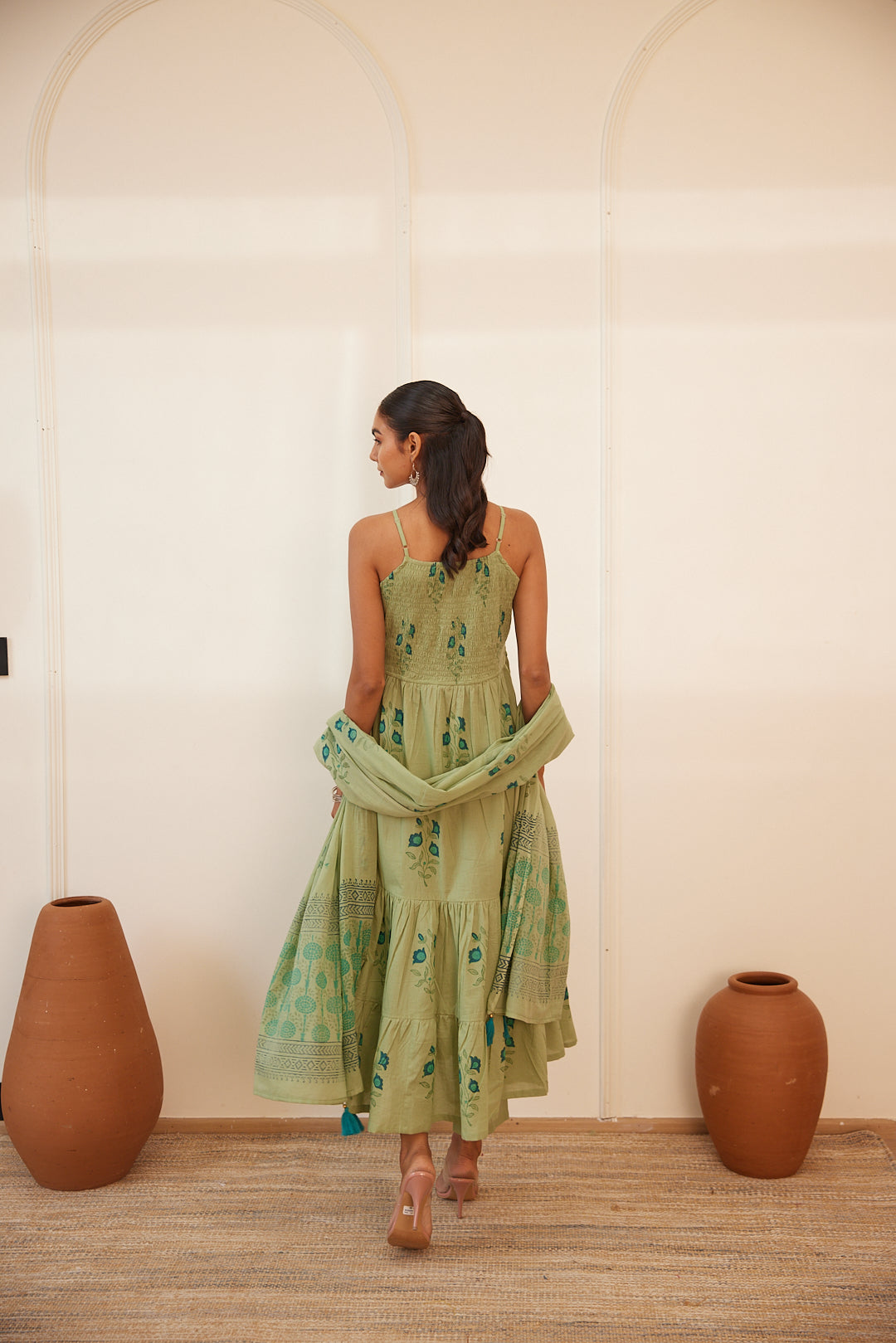 Floral Smocked Maxi Dress Set  Beige, Green & Pink