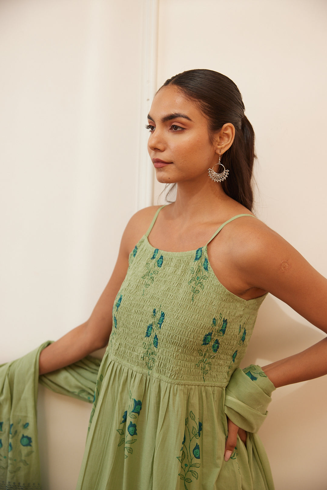 Floral Smocked Maxi Dress Set  Beige, Green & Pink