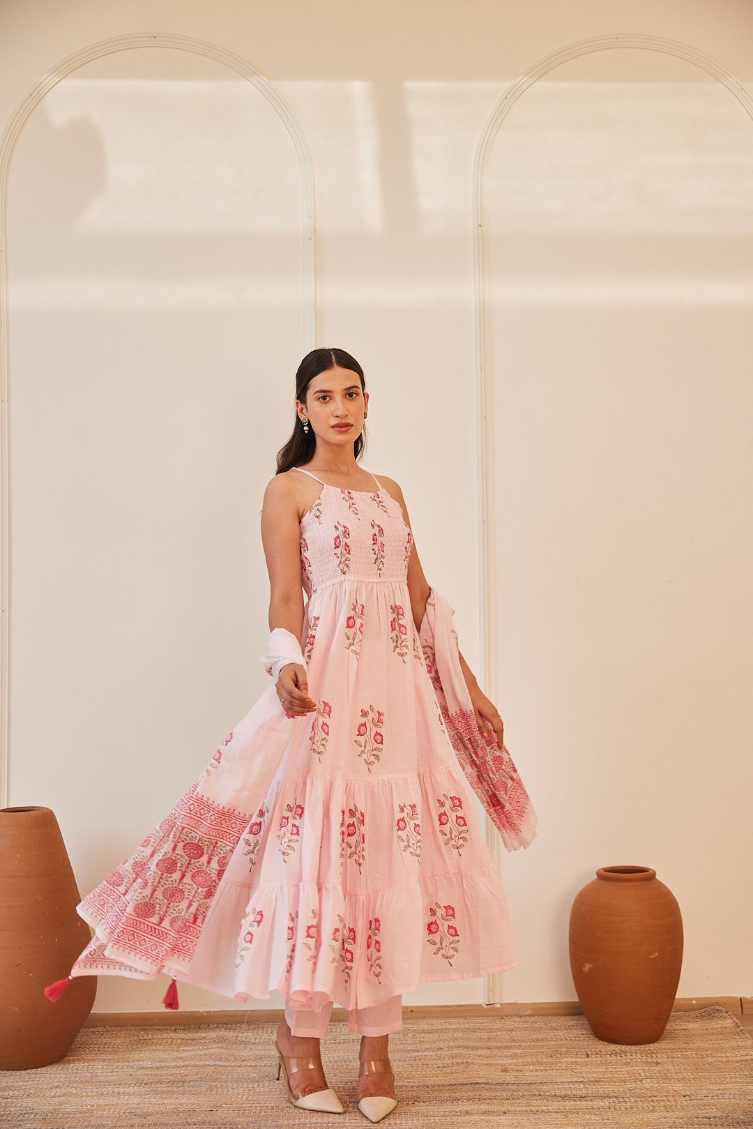 Floral Smocked Maxi Dress Set  Beige, Green & Pink