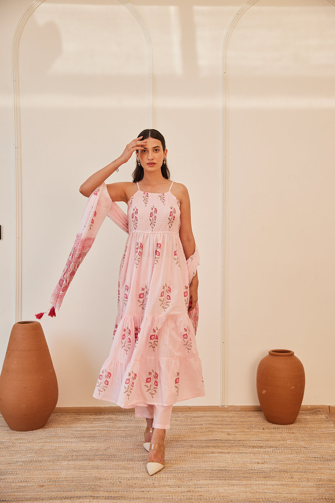 Floral Smocked Maxi Dress Set  Beige, Green & Pink