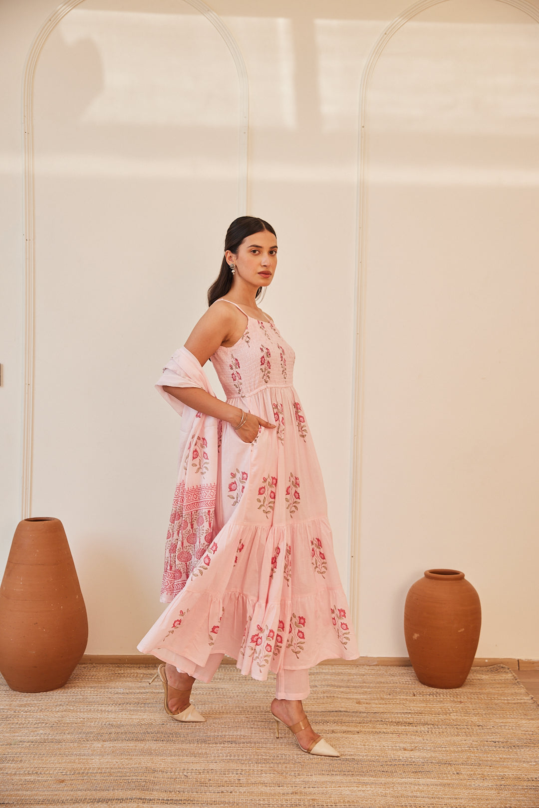 Floral Smocked Maxi Dress Set  Beige, Green & Pink