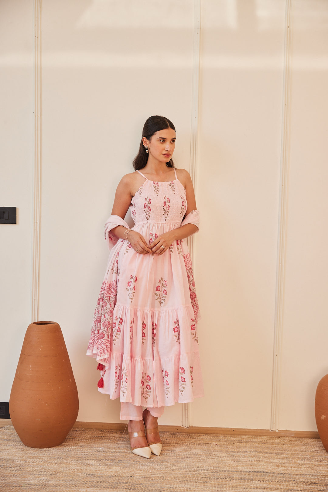 Floral Smocked Maxi Dress Set  Beige, Green & Pink