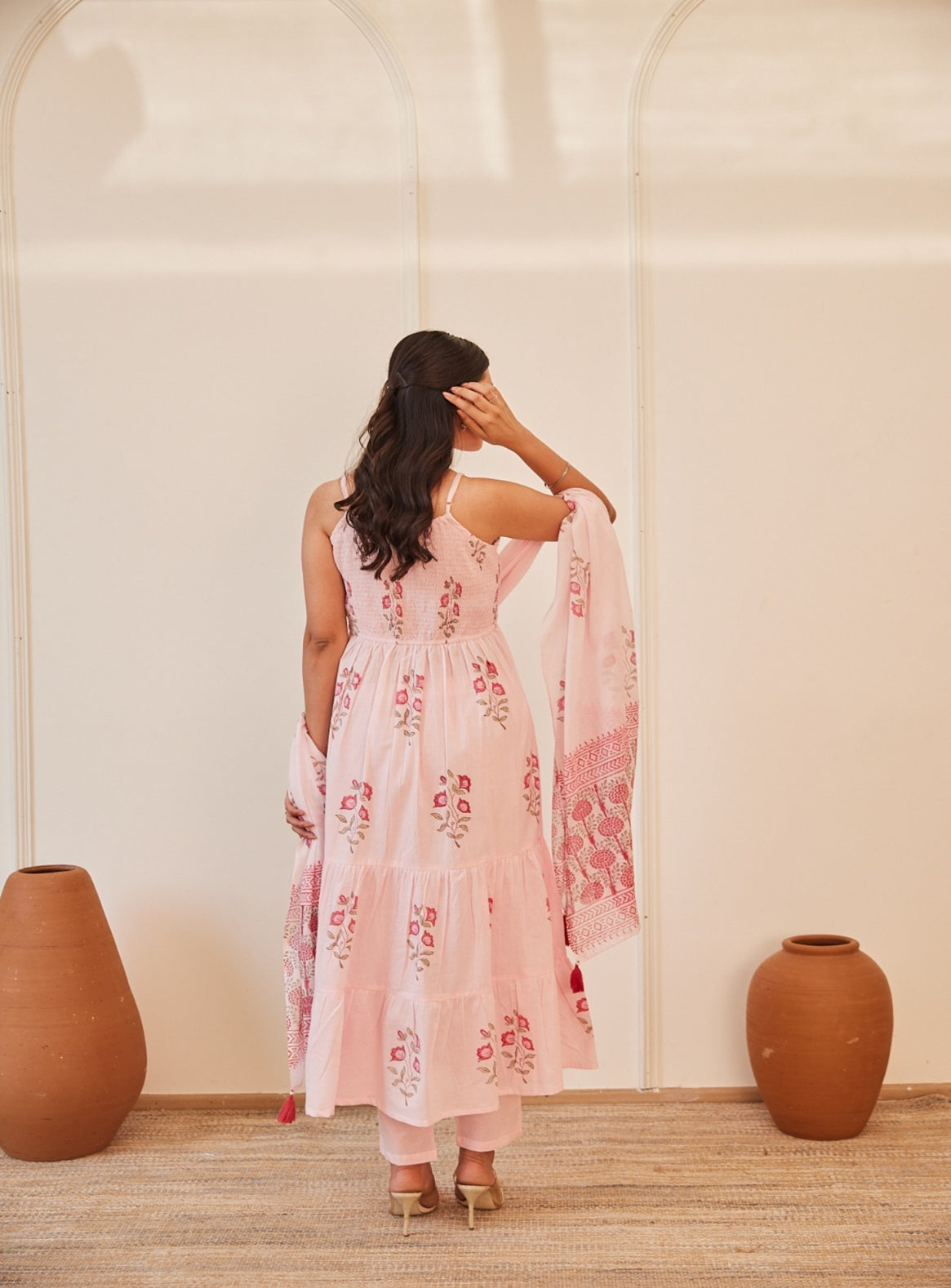 Floral Smocked Maxi Dress Set  Beige, Green & Pink