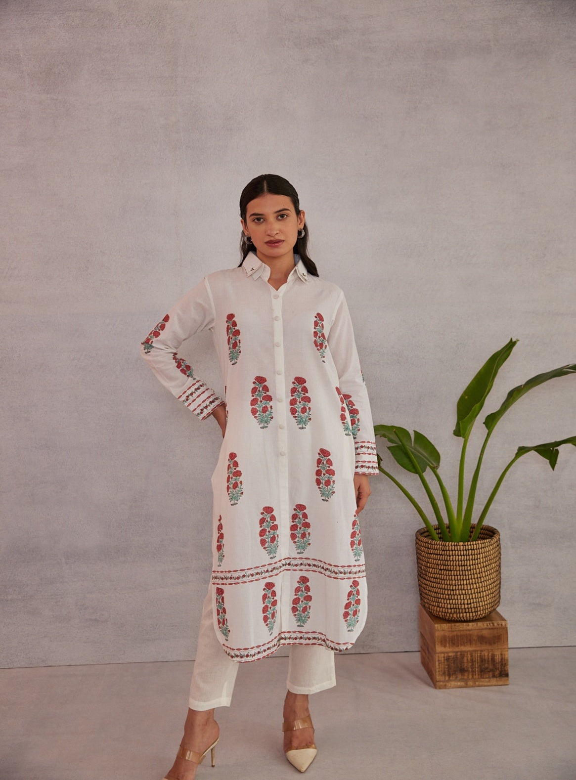 Crimson Bloom Kurta  White with Red & Green Accents