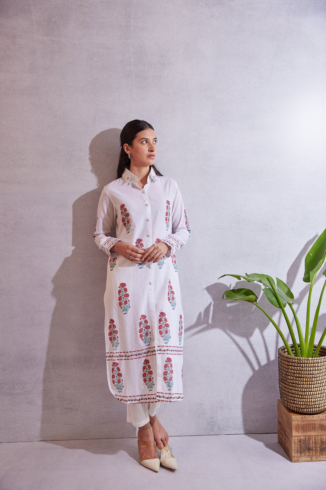 Crimson Bloom Kurta  White with Red & Green Accents