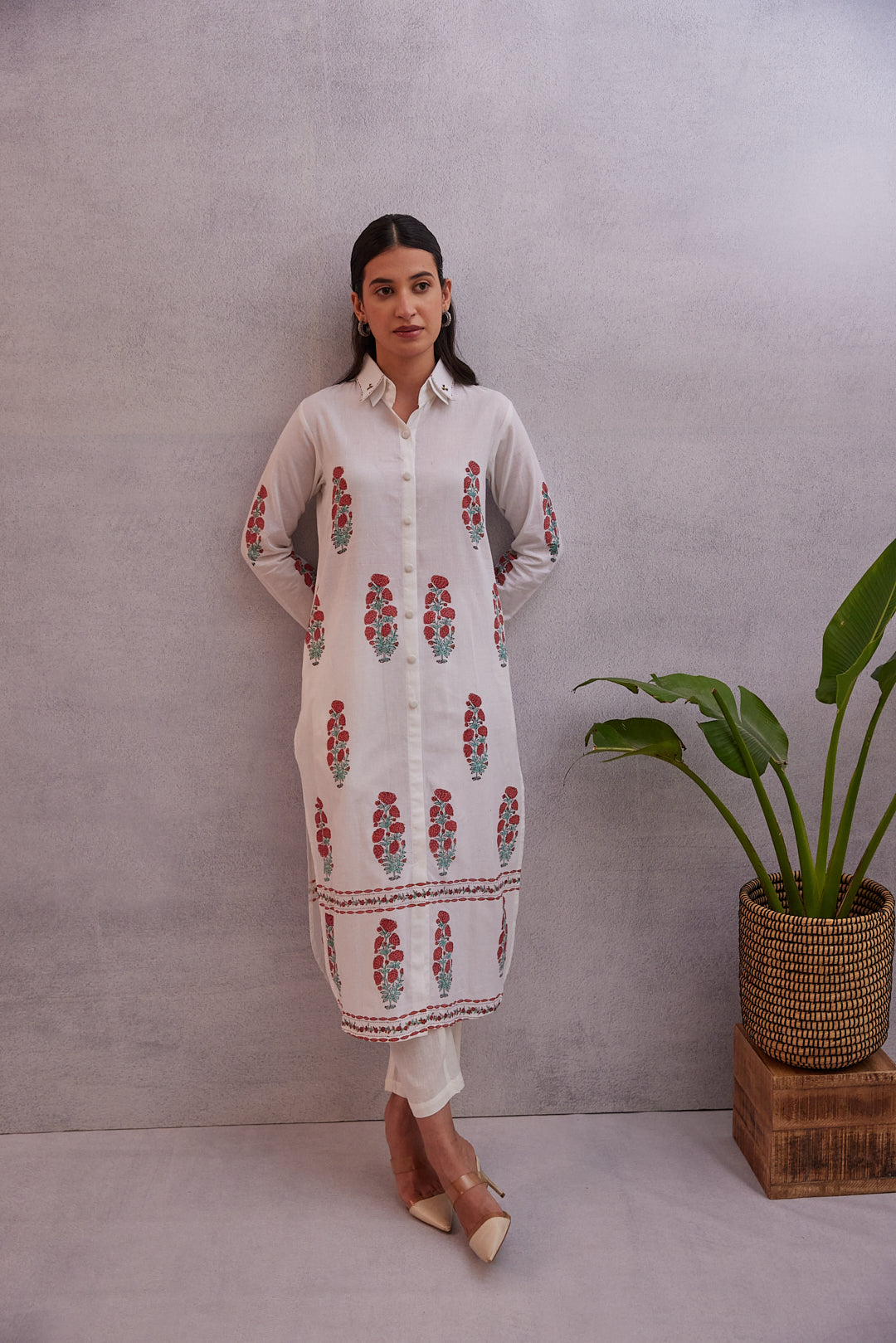 Crimson Bloom Kurta  White with Red & Green Accents
