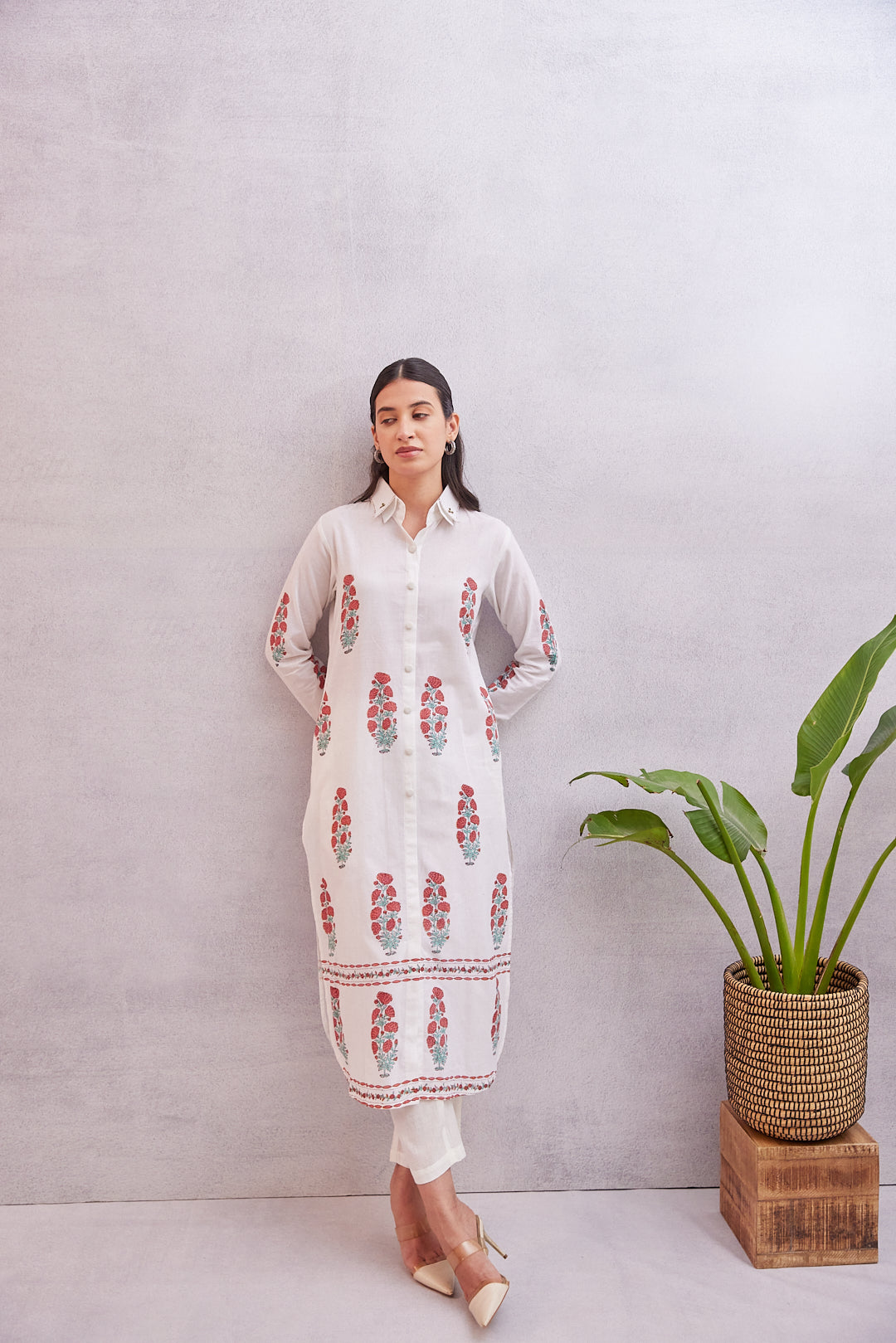 Crimson Bloom Kurta  White with Red & Green Accents