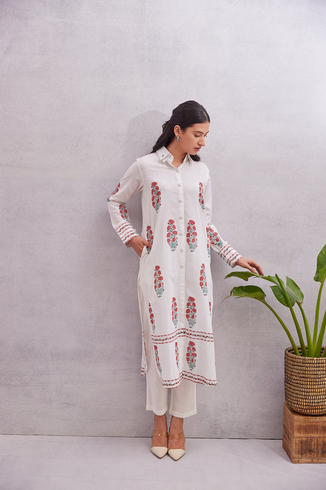 Crimson Bloom Kurta  White with Red & Green Accents