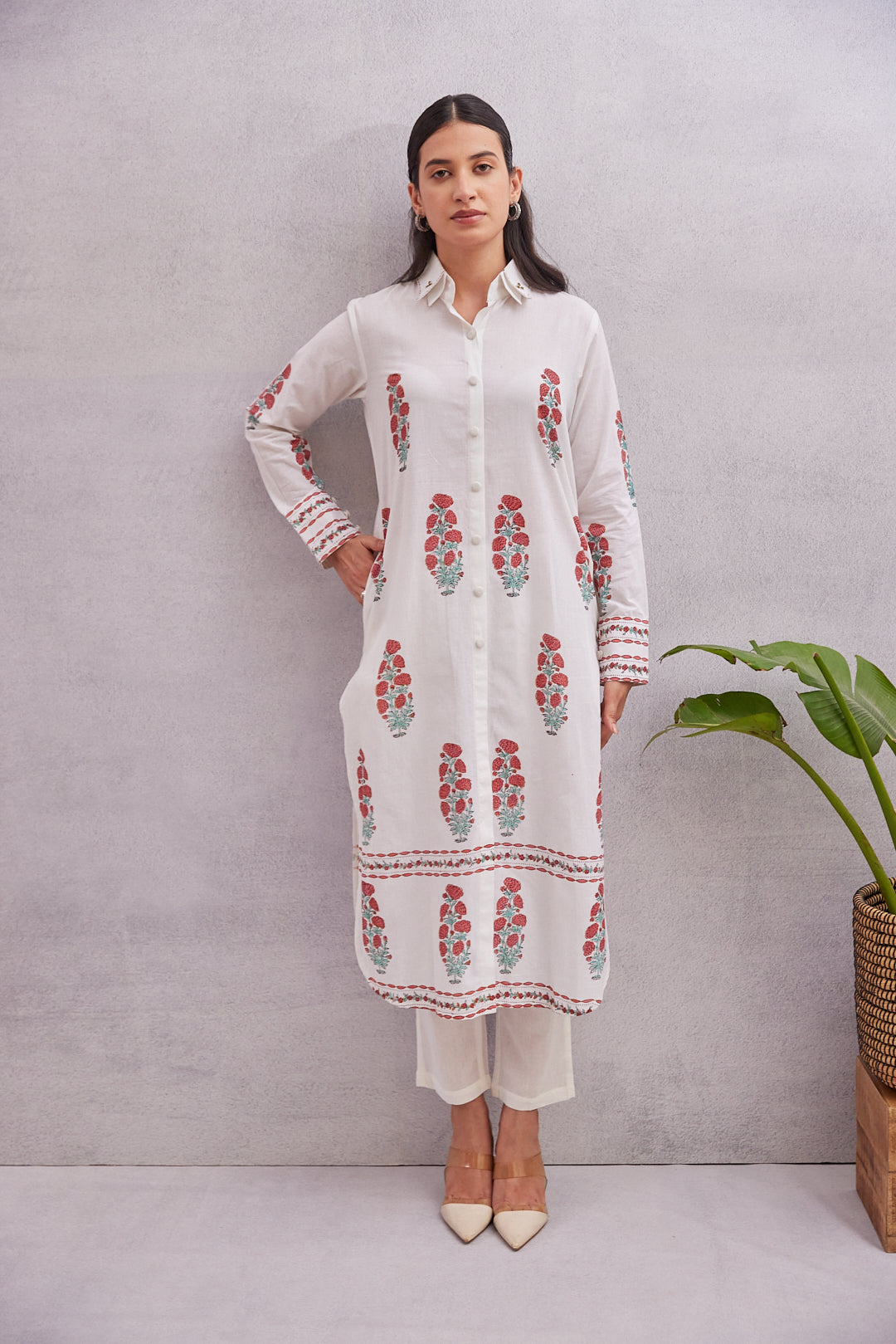 Crimson Bloom Kurta  White with Red & Green Accents
