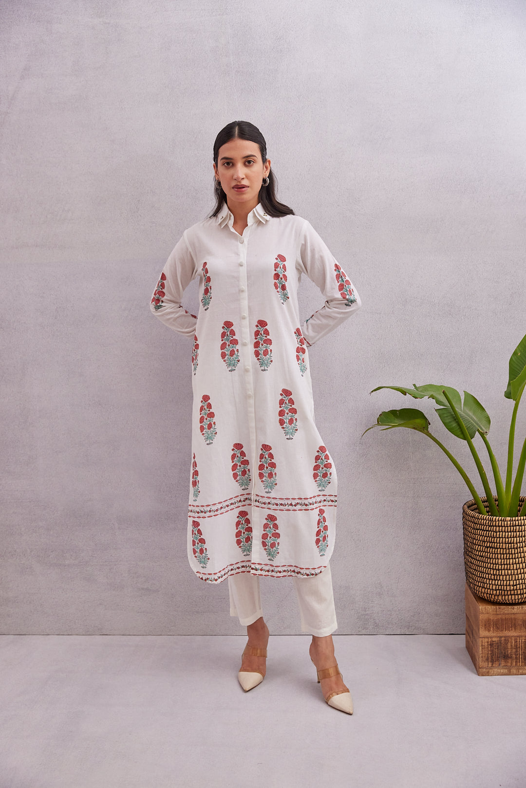 Crimson Bloom Kurta  White with Red & Green Accents
