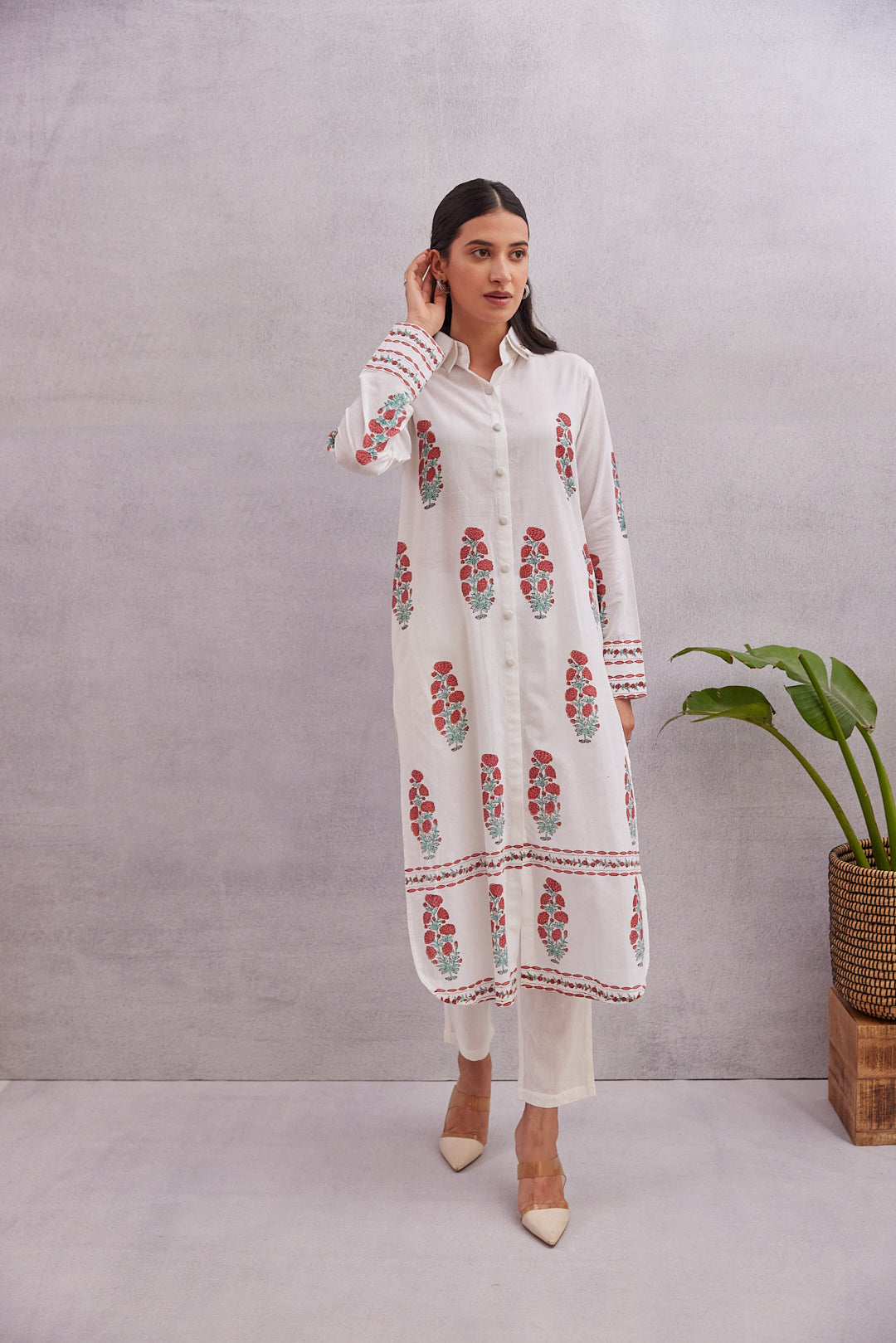 Crimson Bloom Kurta  White with Red & Green Accents