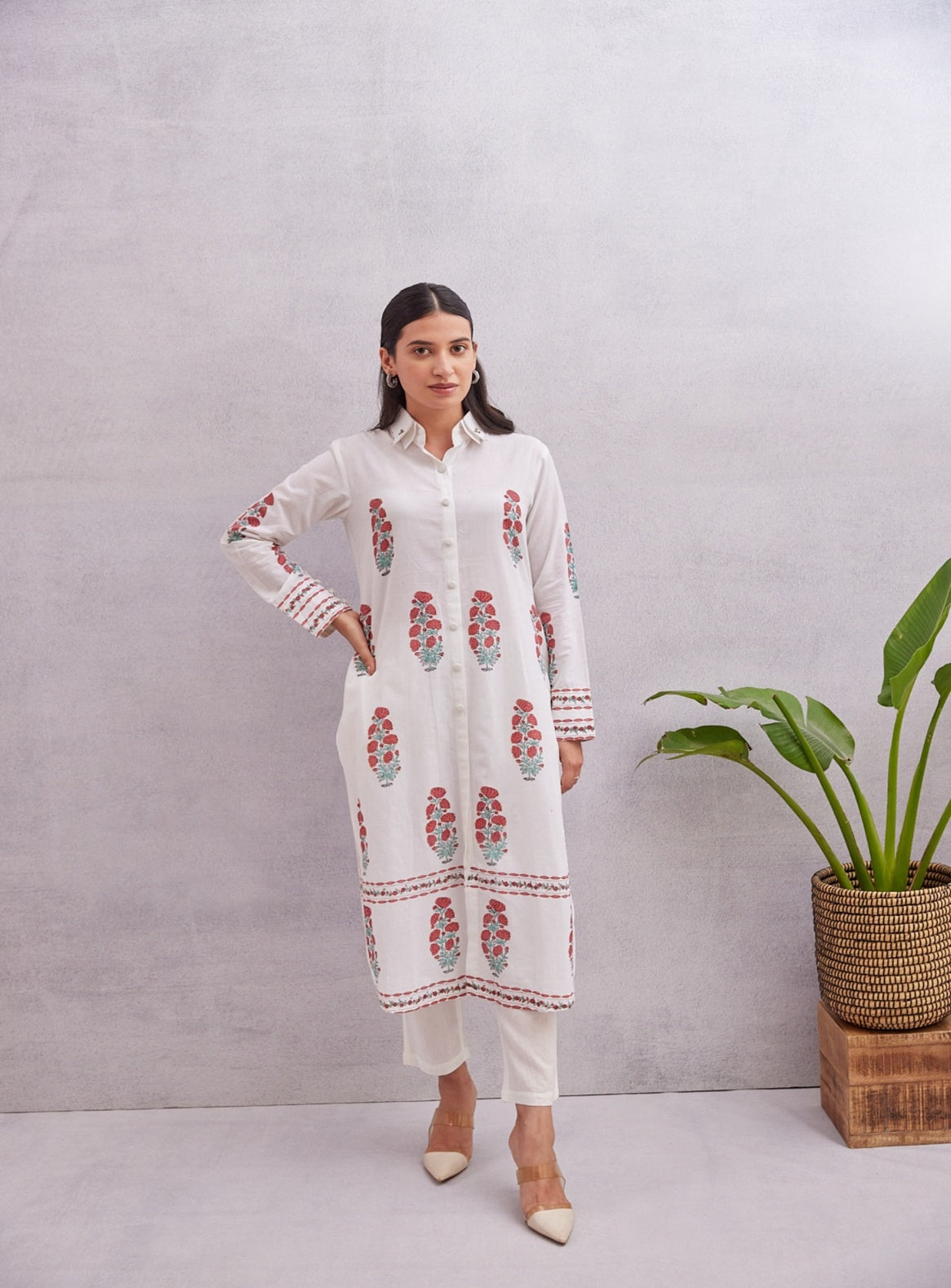 Crimson Bloom Kurta  White with Red & Green Accents