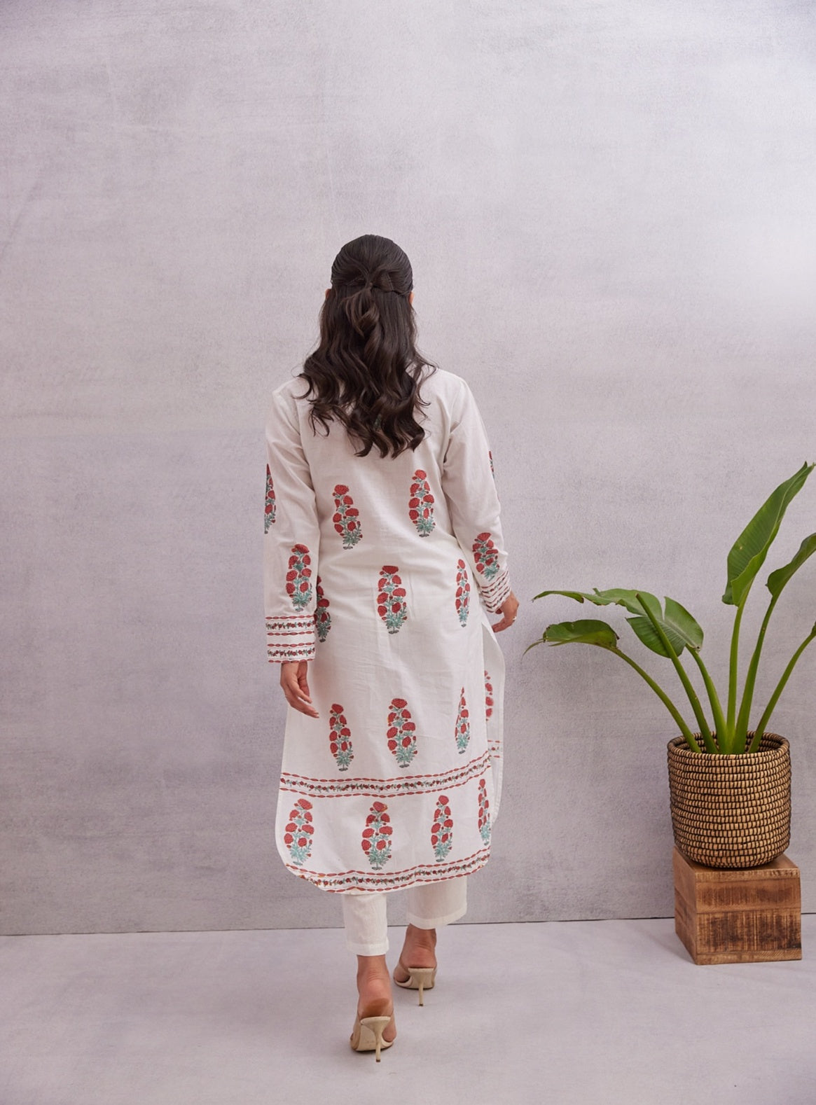 Crimson Bloom Kurta  White with Red & Green Accents