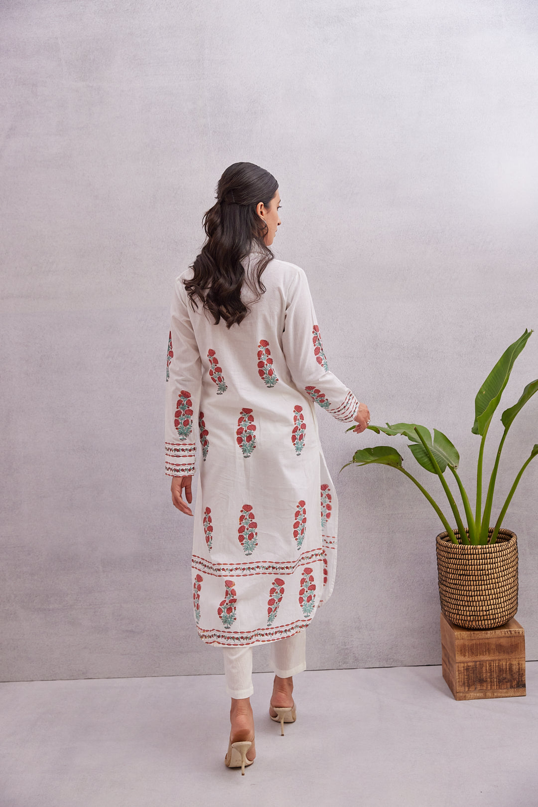 Crimson Bloom Kurta  White with Red & Green Accents