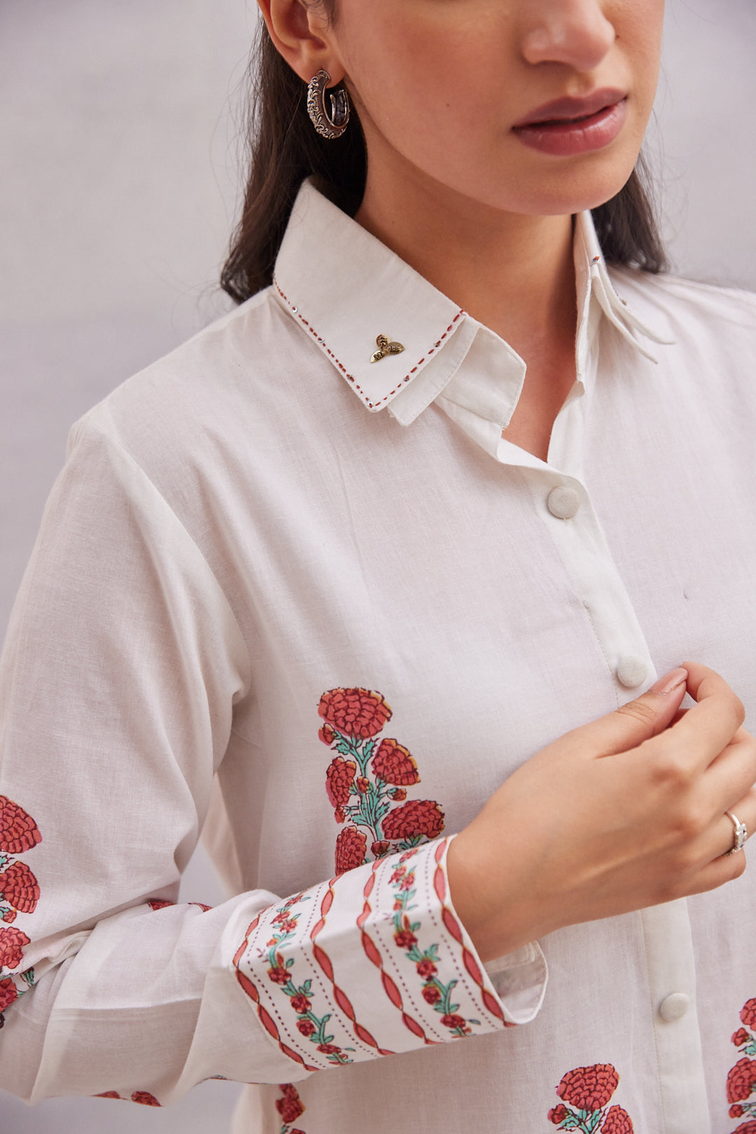 Crimson Bloom Kurta  White with Red & Green Accents